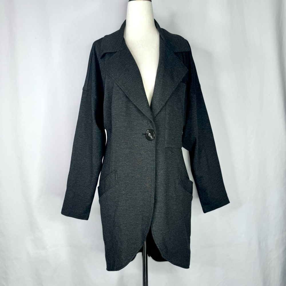 Cabi long jacket jersey knit single button curved hem very dark grey heather XS